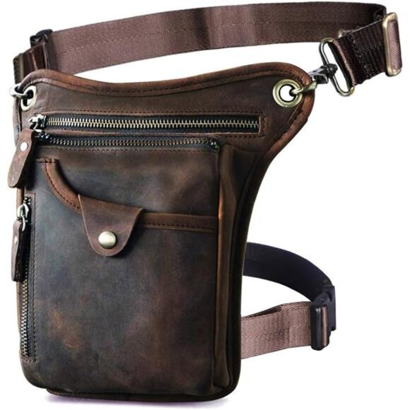 Mens Genuine Leather Outdoor Sporting Hicking Waist Hip Pack Drop Leg Thigh Bag - Picture 1 of 8